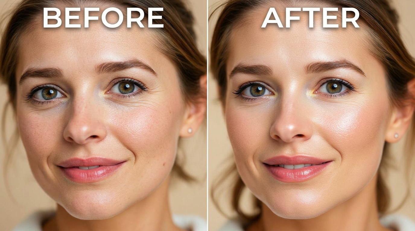Before and after results using Noventra Glow serum